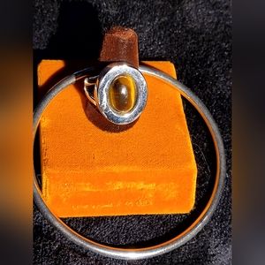 Silver tone bangle and Ring with genuine Tigereye stone